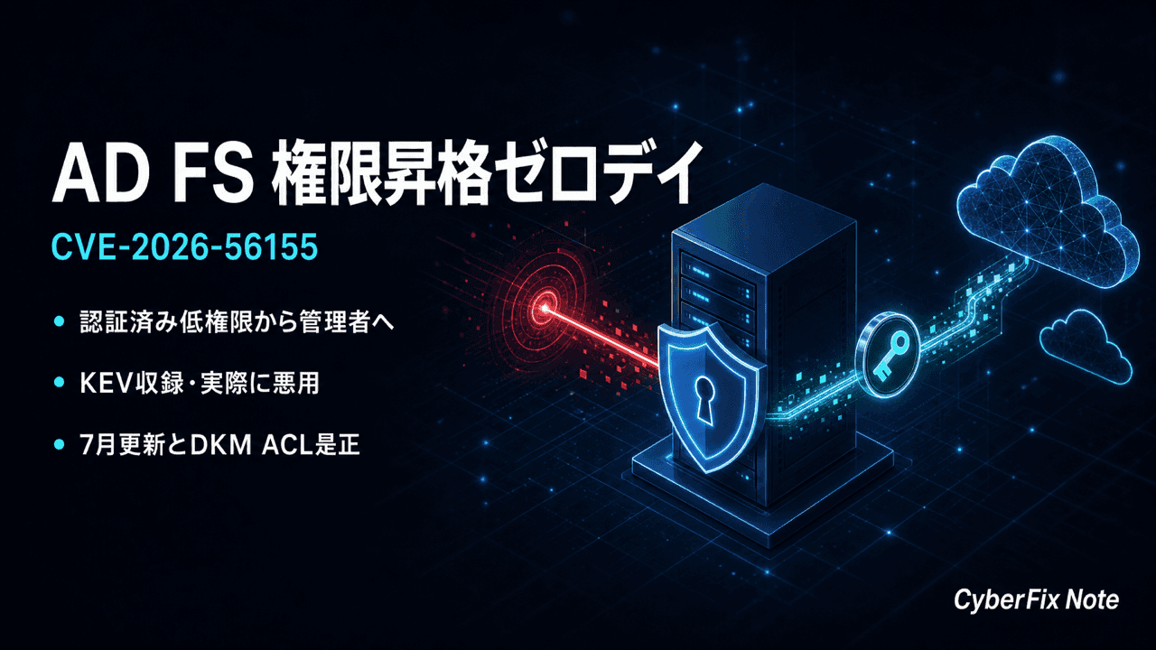AD FSの権限昇格ゼロデイCVE-2026-56155。7月Patch Tuesdayで悪用確認、KEV収録された認証基盤の急所