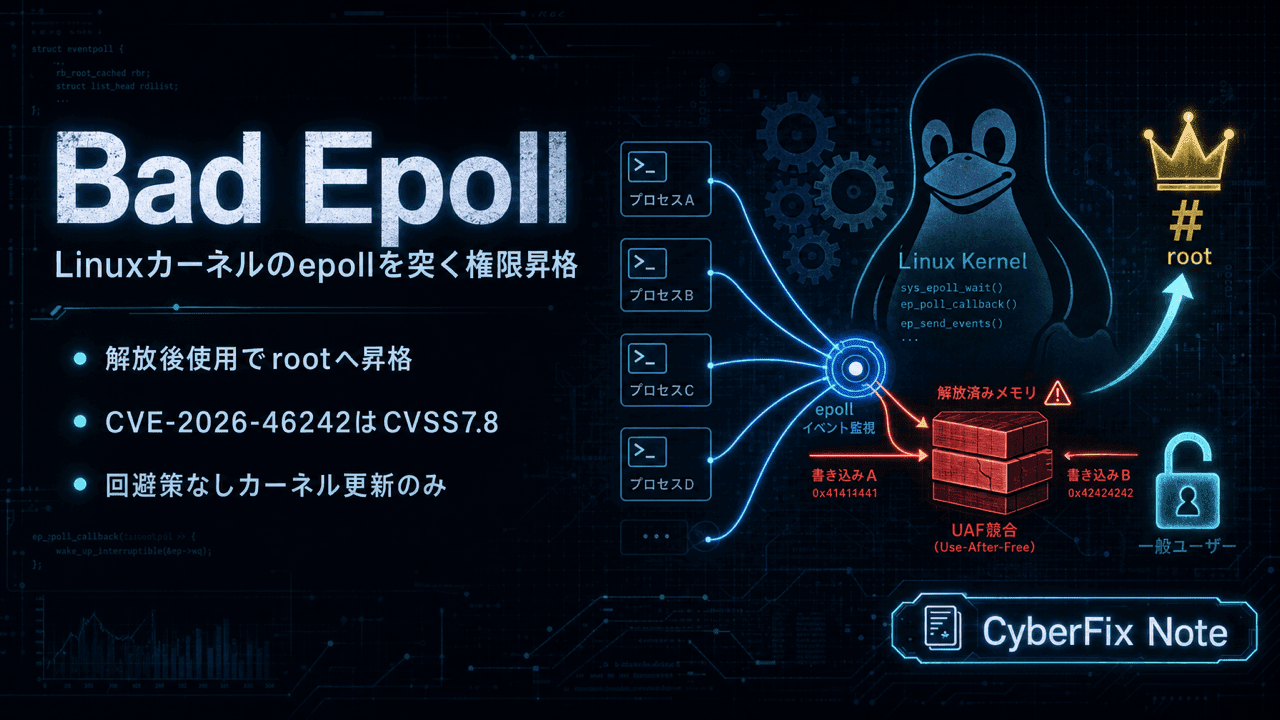 Bad Epoll(CVE-2026-46242)。Linuxカーネルのepollを突く権限昇格とパッチ対応