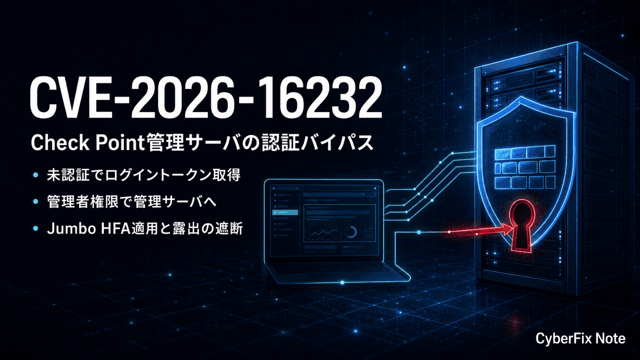 CVE-2026-16232 Check Point管理サーバの認証バイパス。SmartConsoleのログイントークンで管理者権限を奪われる経路を読む