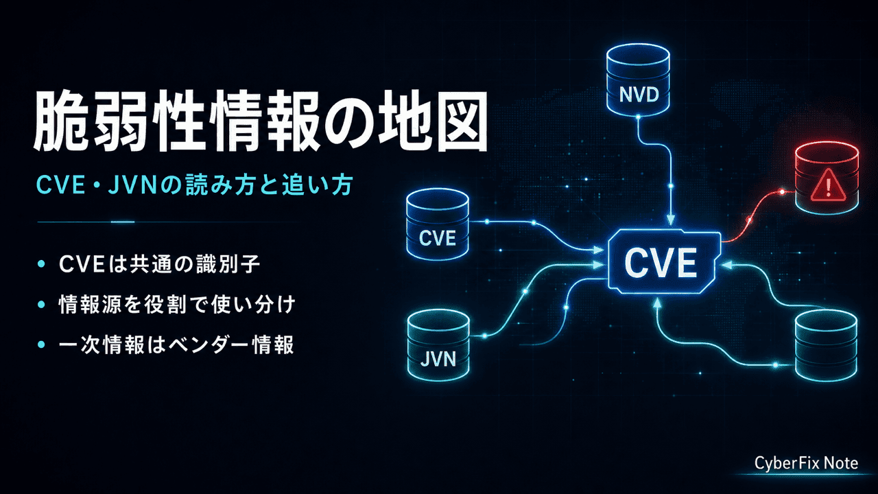 CVE・JVNの読み方と脆弱性情報の追い方。採番の仕組みからNVD・ベンダー情報までを整理する