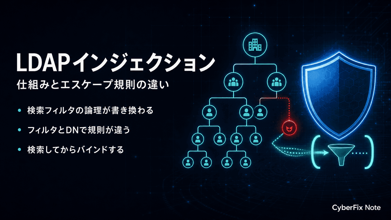 LDAPインジェクション(CWE-90)の仕組みと対策。検索フィルタとDNでエスケープ規則が違う点まで整理する
