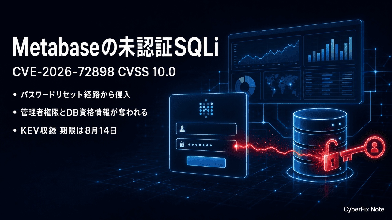 Metabaseの未認証SQLインジェクションCVE-2026-72898。パスワードリセット経路から管理者権限が奪われる機構