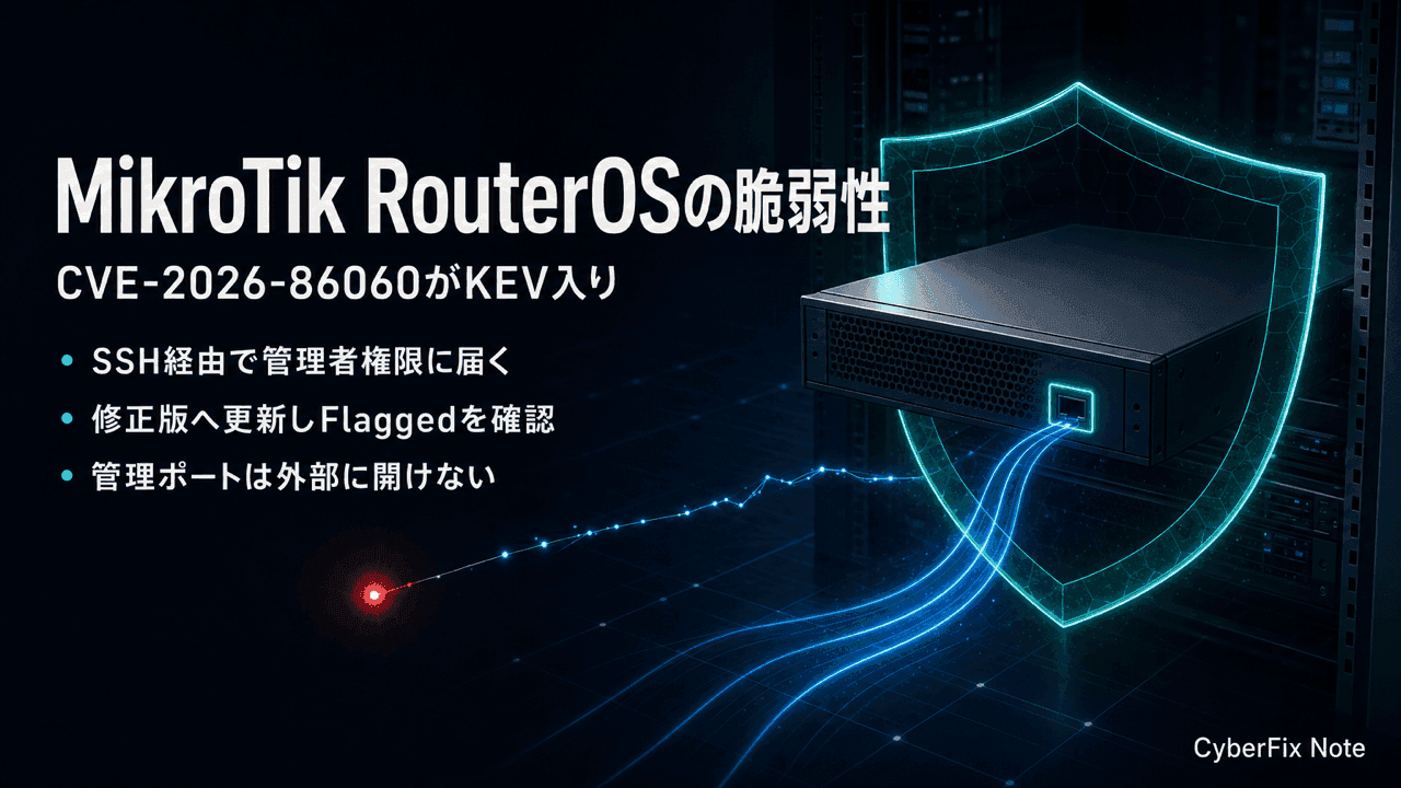 MikroTik RouterOSの脆弱性CVE-2026-86060とCVE-2026-67277。SSH経由の権限昇格がKEV入りした理由、更新と露出確認の手順