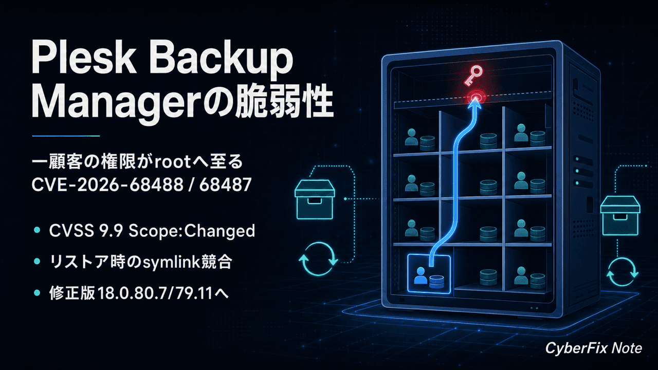 PleskのBackup Managerに見つかったroot権限昇格CVE-2026-68488と任意ファイル書き込みCVE-2026-68487