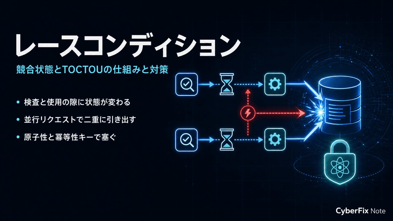 レースコンディション(競合状態)の仕組みと対策。チェックと使用の隙を原子性で塞ぐ