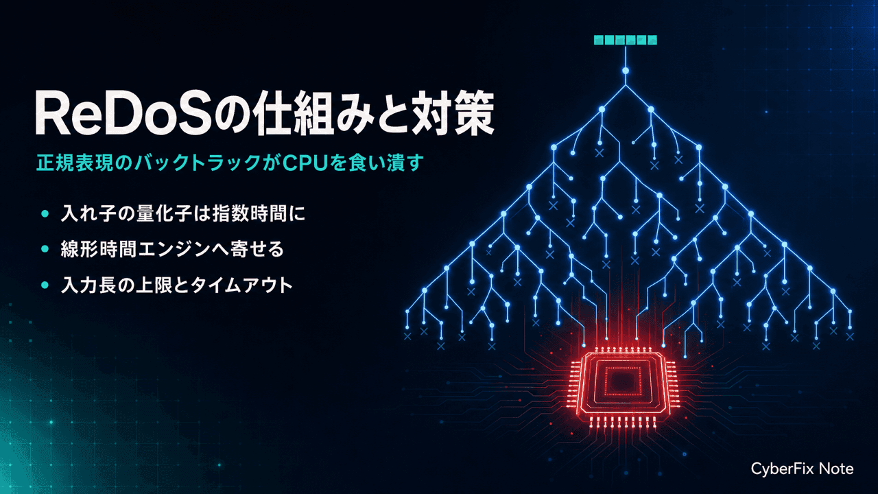 ReDoS(正規表現によるサービス拒否)の仕組みと対策。短い入力でCPUを食い潰すバックトラックを塞ぐ