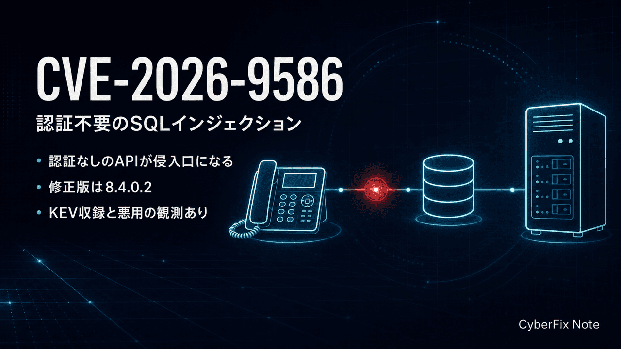 Sangoma SwitchvoxのCVE-2026-9586。認証不要の/paがPhoneIPをSQLへ連結する機構と悪用の実態