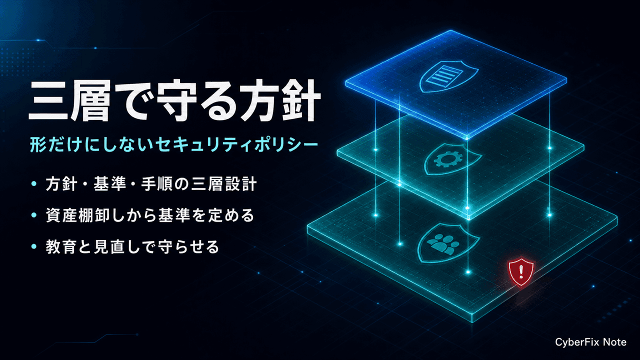 社内セキュリティポリシーの作り方。基本方針・対策基準・実施手順の三層で実効性をつくる