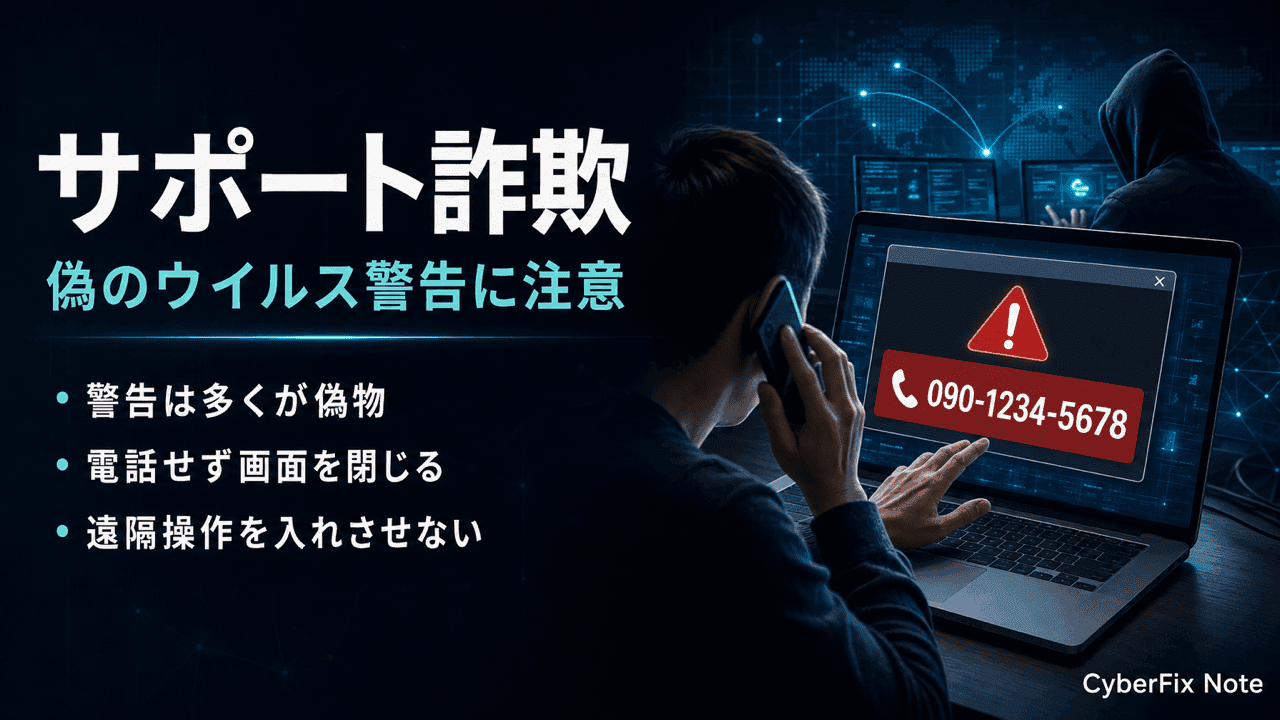 偽のウイルス警告で電話させるサポート詐欺の手口と対処