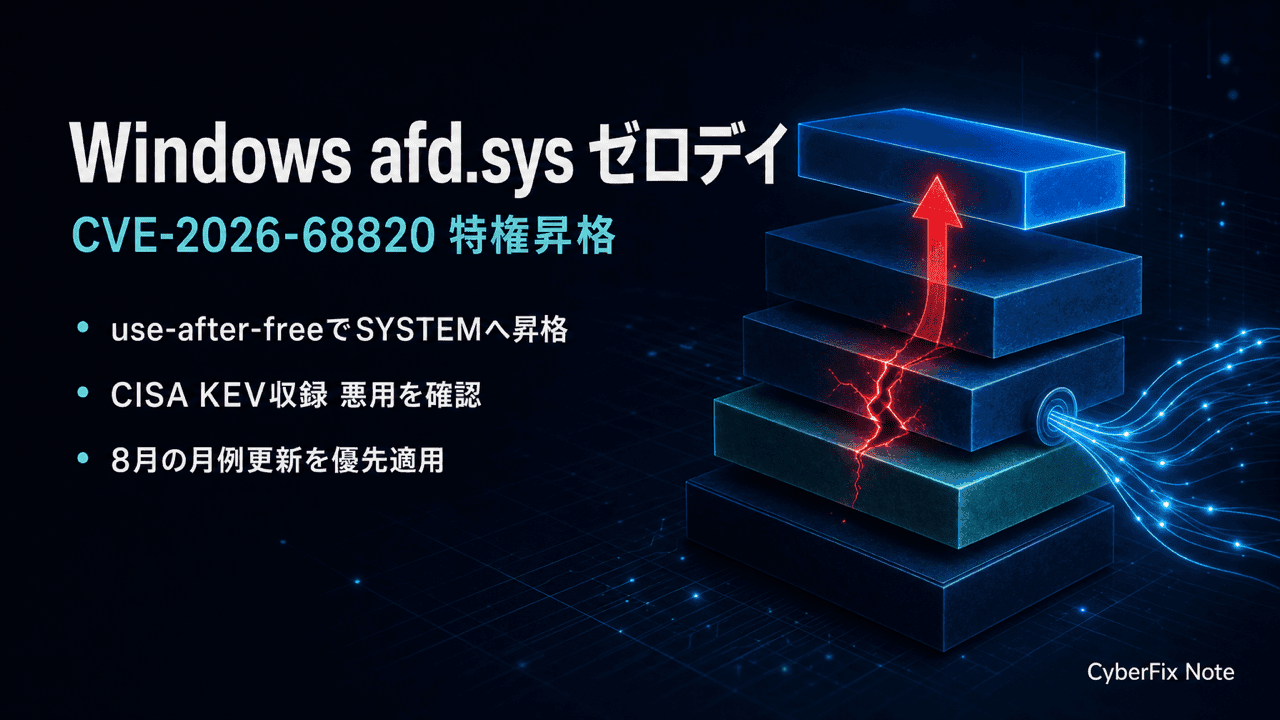 Windows afd.sysの特権昇格ゼロデイCVE-2026-68820。侵入後にSYSTEM権限へ昇格する機構と8月更新の優先度