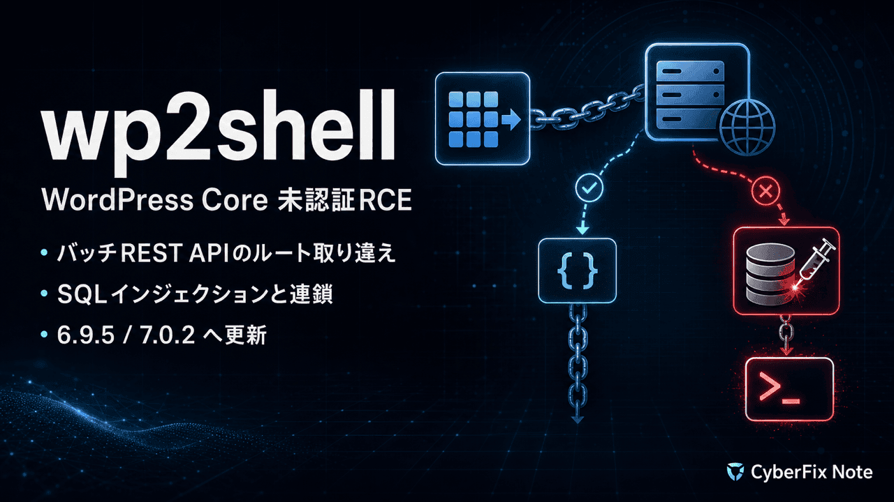WordPress Coreの未認証RCE「wp2shell」(CVE-2026-63030)。バッチREST APIのルート取り違えがSQLiと連鎖する機構