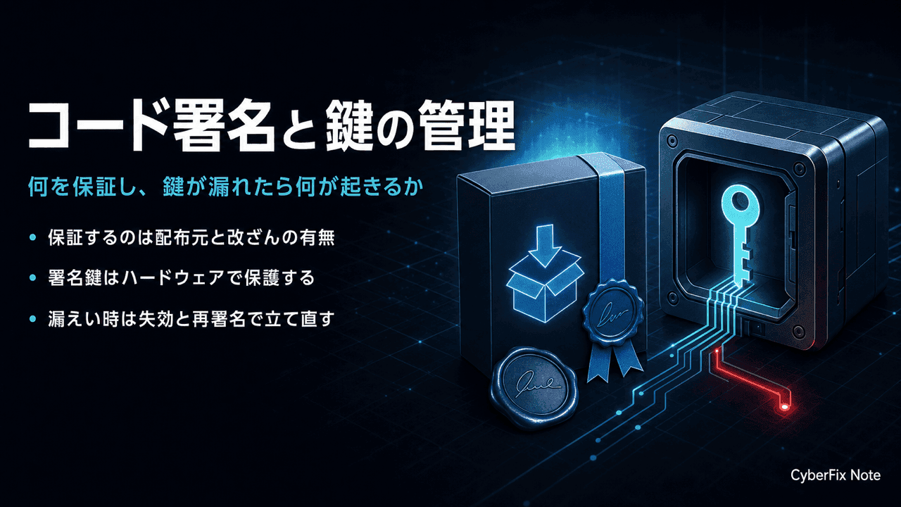 コード署名の仕組みと署名鍵の管理。誰が作ったかを証明する仕掛けと、鍵が漏れた後に起きること