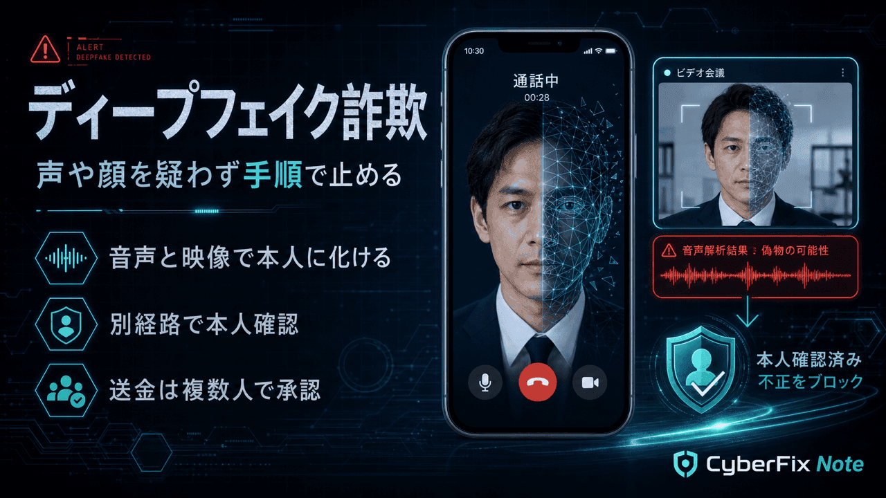 ディープフェイク音声・映像のなりすまし詐欺。声や顔を疑わずに手順で止める
