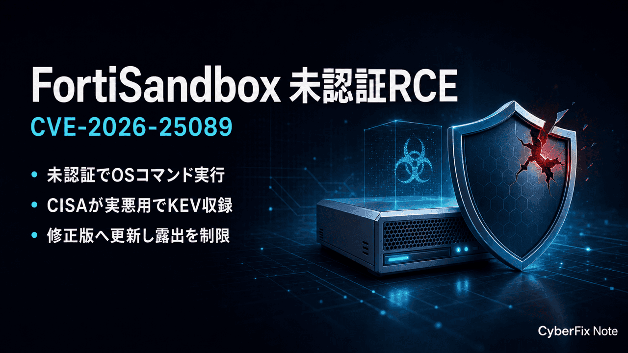 FortiSandboxの未認証OSコマンドインジェクションCVE-2026-25089。CISAが実悪用でKEV収録した検査装置の急所