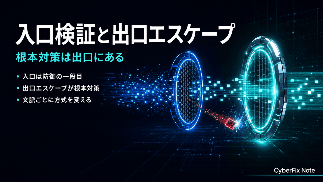 入力バリデーションと出力エスケープの原則。入口で検証し、出口で文脈別にエスケープする