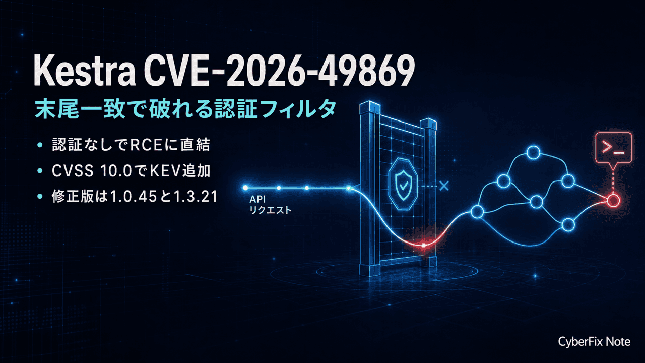 KestraのCVE-2026-49869。末尾一致で認証を判定したフィルタが認証なしのRCEになる