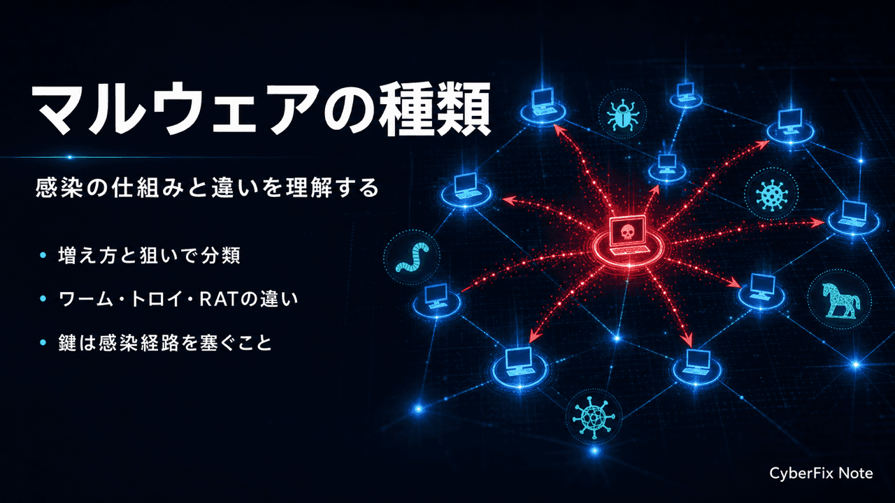 マルウェアの種類と感染の仕組みを理解する。ウイルス・ワーム・トロイ・RAT・スパイウェアの違い