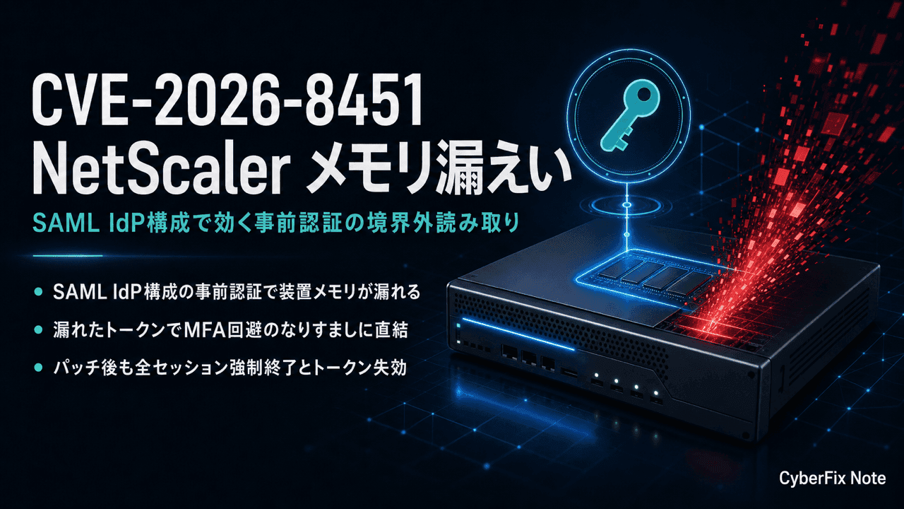 CVE-2026-8451 NetScaler SAML IdPの事前認証メモリ漏えい。CitrixBleed系の新種を機構から読む