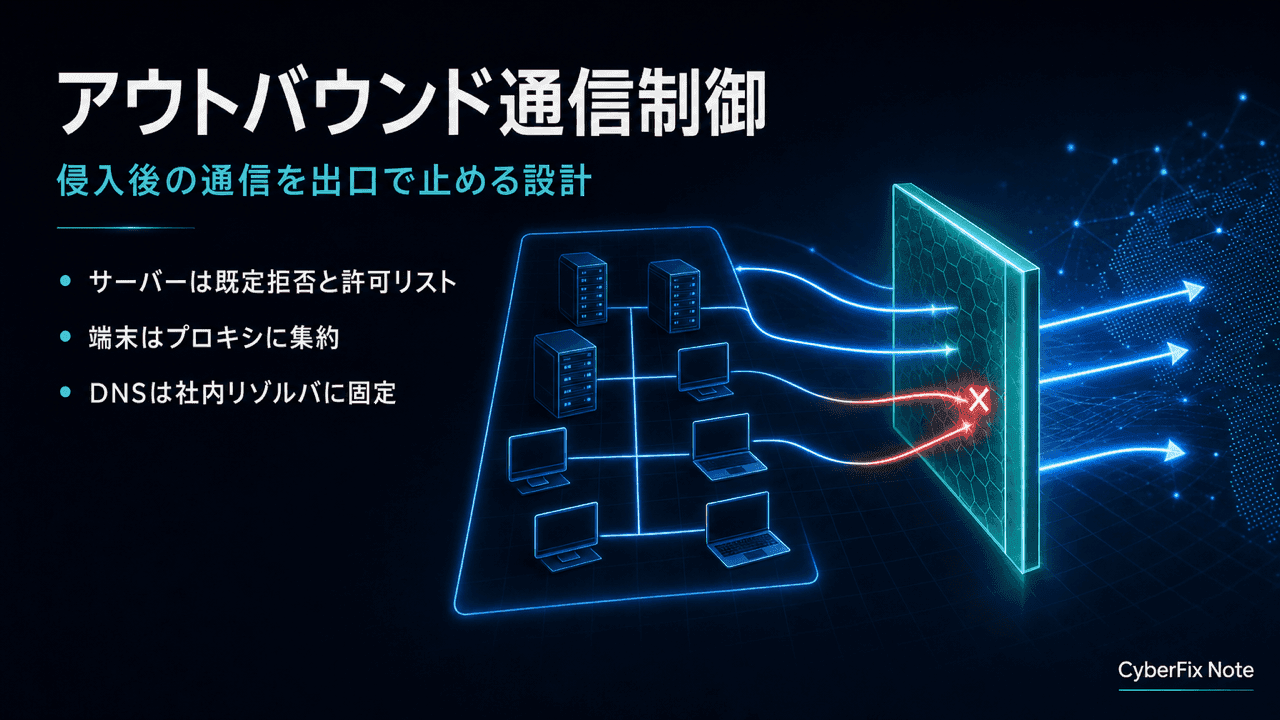 アウトバウンド通信制御(egress filtering)の設計。侵入後のC2通信と持ち出しの経路を出口で絞る