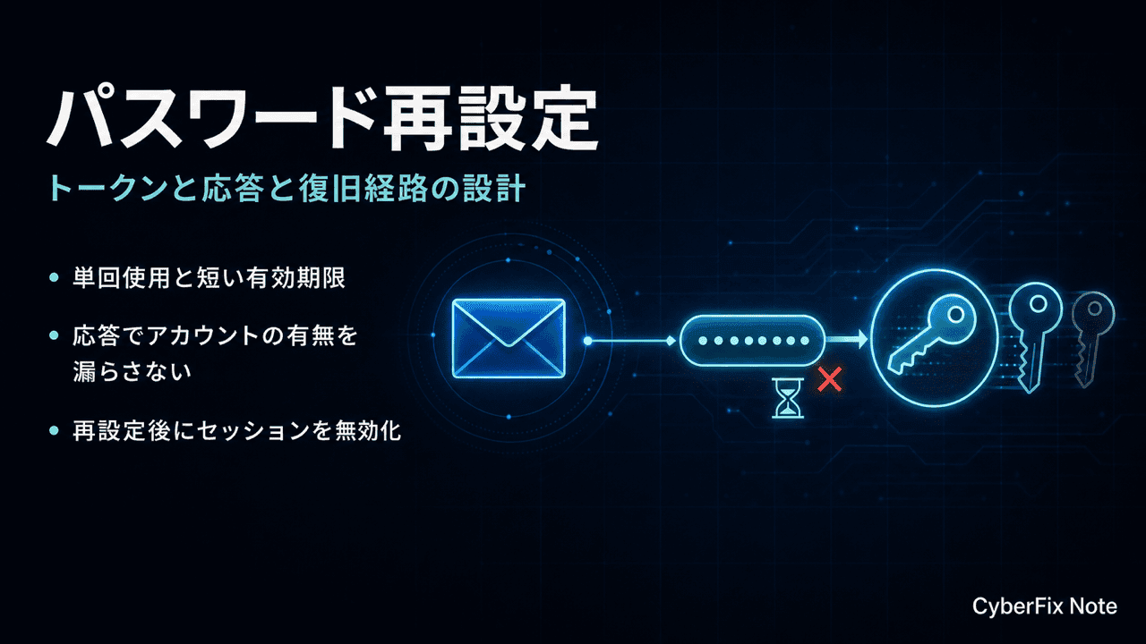 パスワード再設定フローの安全な設計。トークンと応答と復旧経路の要件を一次情報で整理