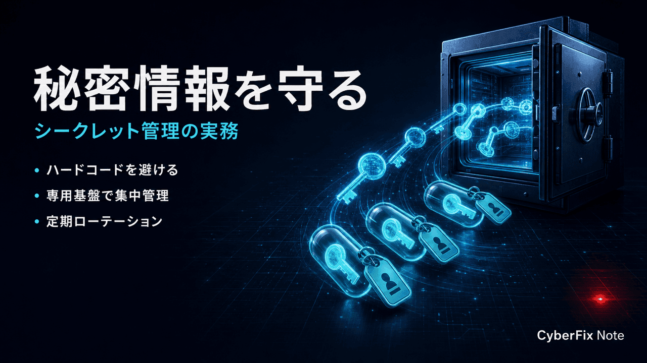 シークレット管理の実務。APIキー・認証情報をハードコードせず、Vaultやマネージドサービスで守りローテーションする