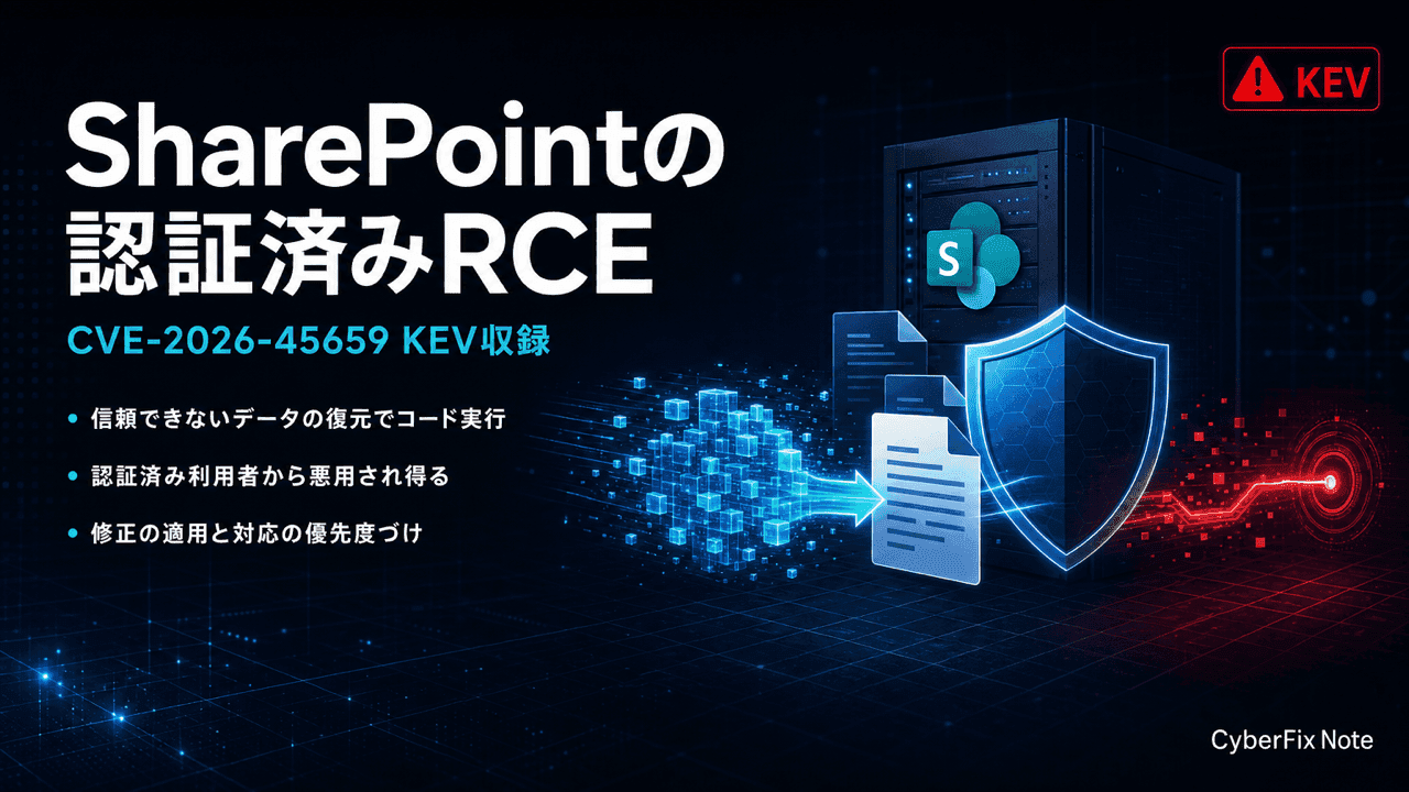 SharePoint Serverの認証済みRCE(CVE-2026-45659)。KEV収録を受けた対応の優先度