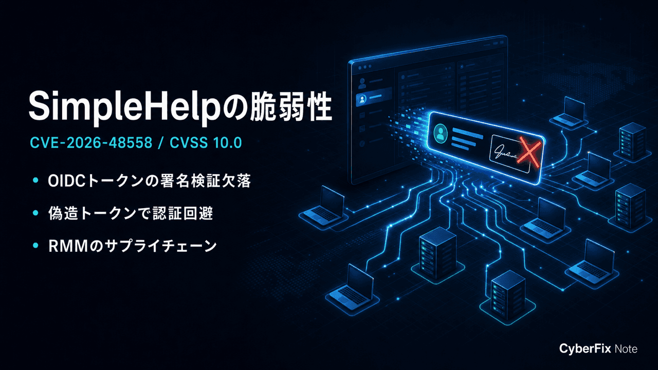 SimpleHelpのCVE-2026-48558。OIDCトークンの署名検証欠落による認証回避とRMMのサプライチェーンリスク