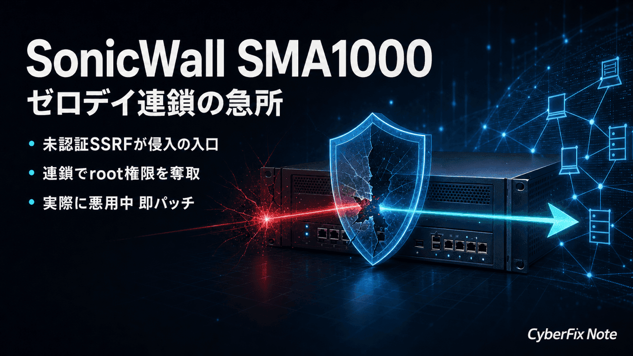 SonicWall SMA1000のゼロデイ連鎖CVE-2026-15409とCVE-2026-15410で未認証SSRFからroot権限奪取まで至るVPN装置の急所