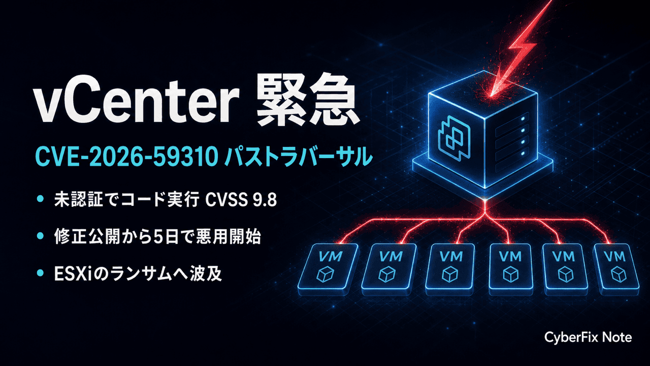 VMware vCenterのSyslogパストラバーサルCVE-2026-59310。修正公開から5日で始まった侵害と仮想基盤全体への波及