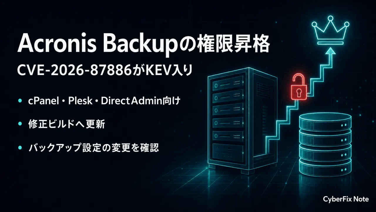 Acronis BackupのcPanel、Plesk、DirectAdmin向けプラグインにCVE-2026-87886。不適切な既定パーミッションによる権限昇格がKEV入り