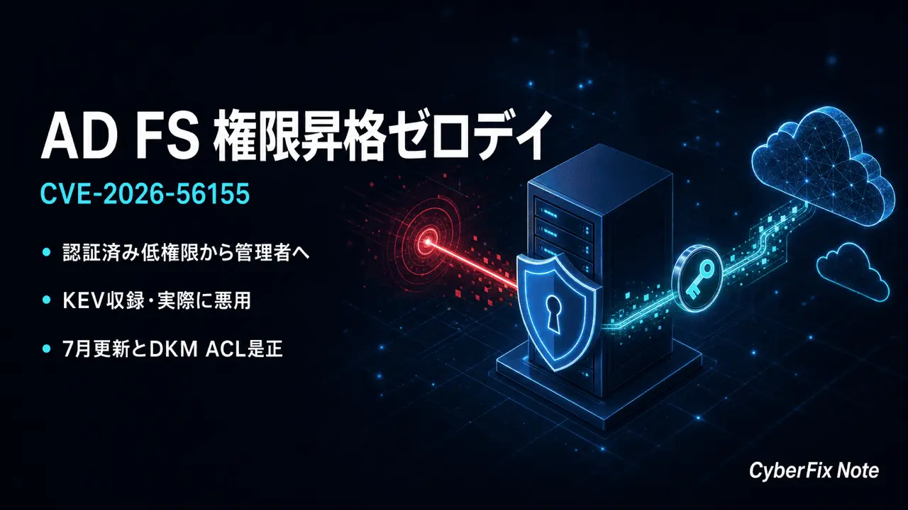 AD FSの権限昇格ゼロデイCVE-2026-56155。7月Patch Tuesdayで悪用確認、KEV収録された認証基盤の急所