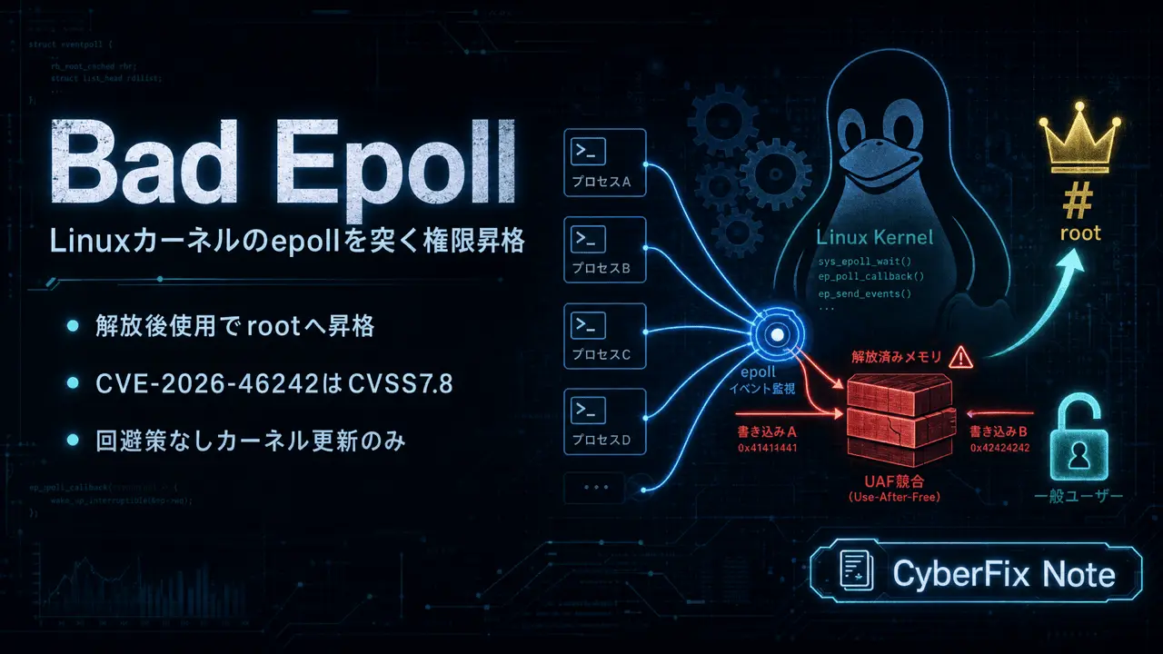 Bad Epoll(CVE-2026-46242)。Linuxカーネルのepollを突く権限昇格とパッチ対応