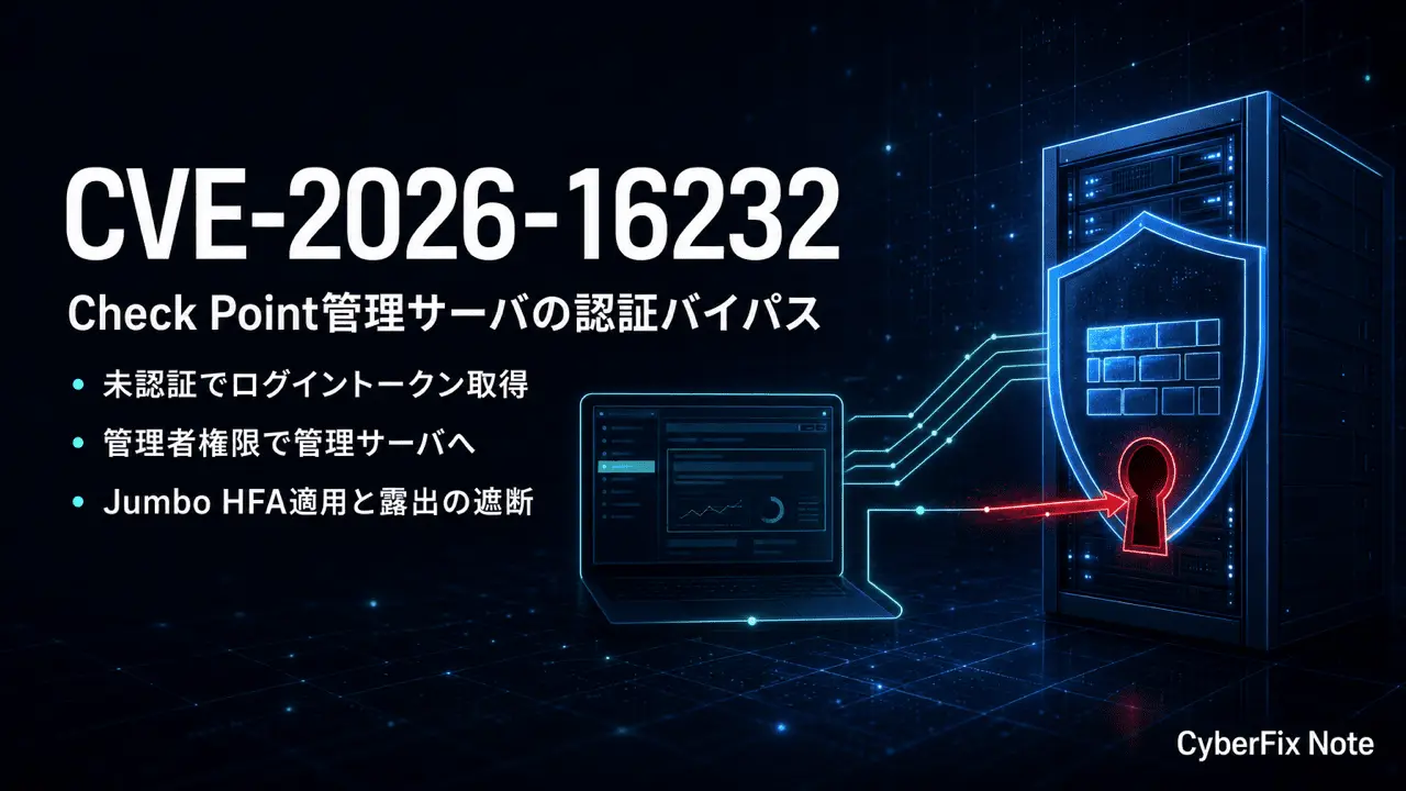 CVE-2026-16232 Check Point管理サーバの認証バイパス。SmartConsoleのログイントークンで管理者権限を奪われる経路を読む
