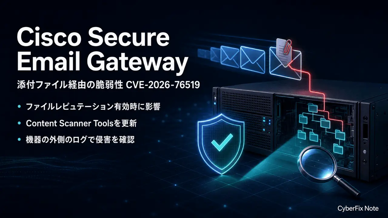 Cisco Secure Email GatewayのCVE-2026-76519がKEV入り、添付ファイル経由でroot権限に至る脆弱性の影響条件と修正版