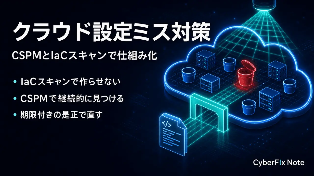 クラウドの設定ミスを仕組みで防ぐ。CSPMによる継続監視とIaCスキャン、ポリシーアズコードで公開バケットや全開放のセキュリティグループを作らせない設計