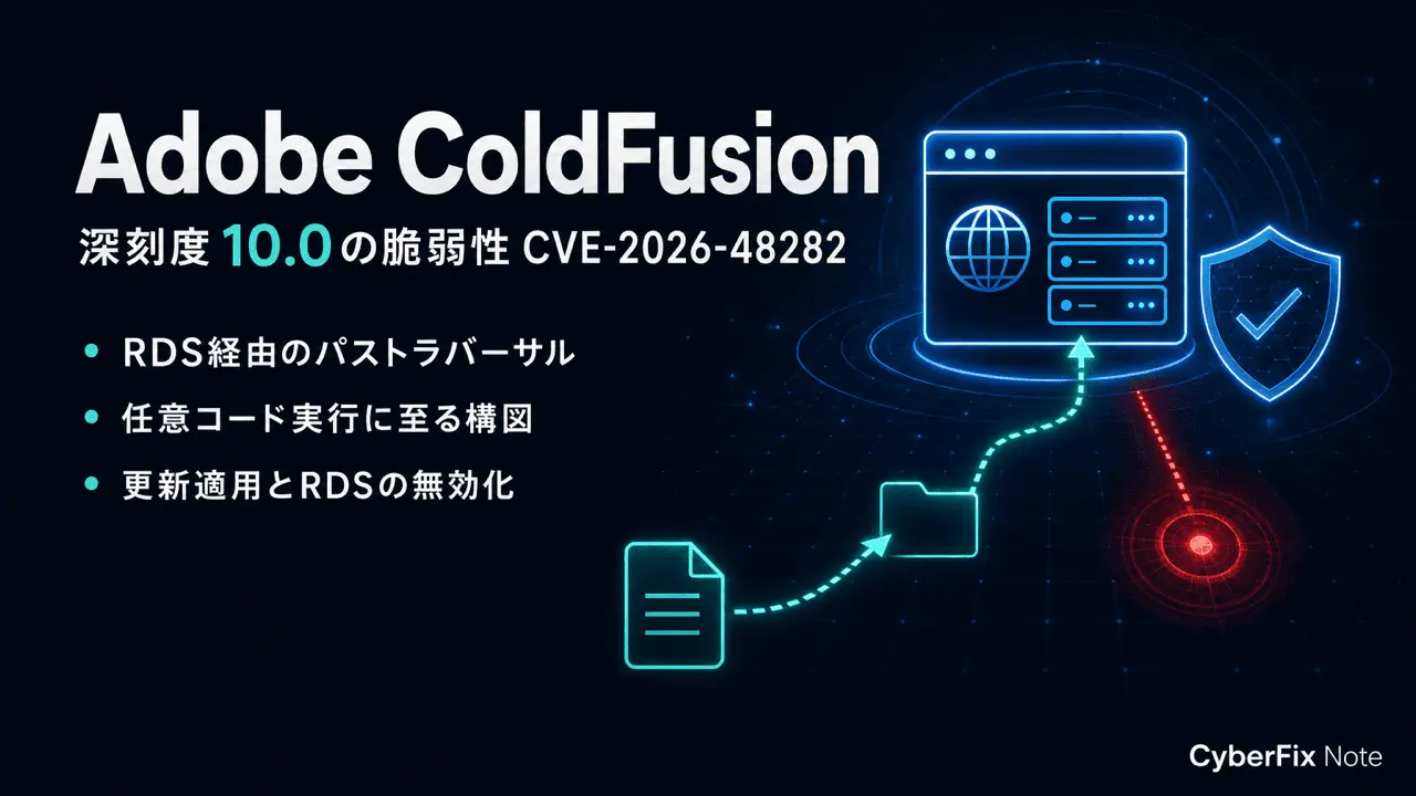 Adobe ColdFusionのCVE-2026-48282。RDS経由のパストラバーサルが任意コード実行に至る構図と初動