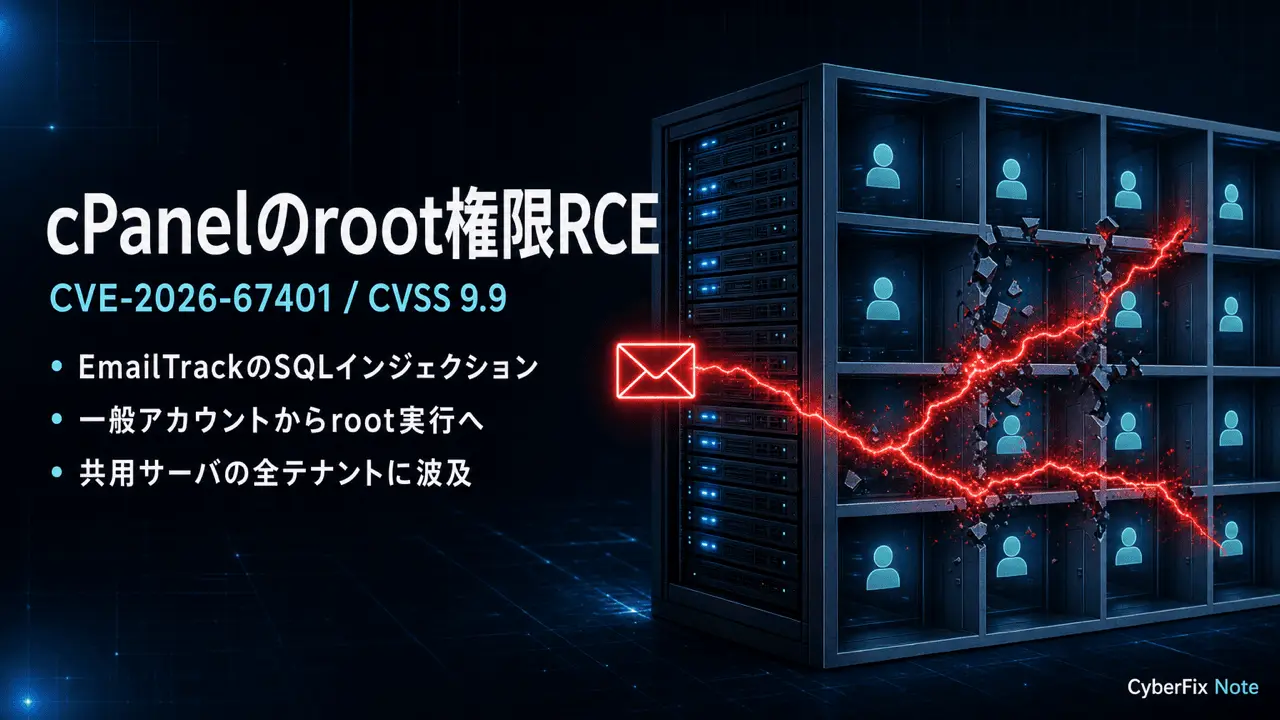 cPanelのEmailTrackに見つかったroot権限リモートコード実行CVE-2026-67401