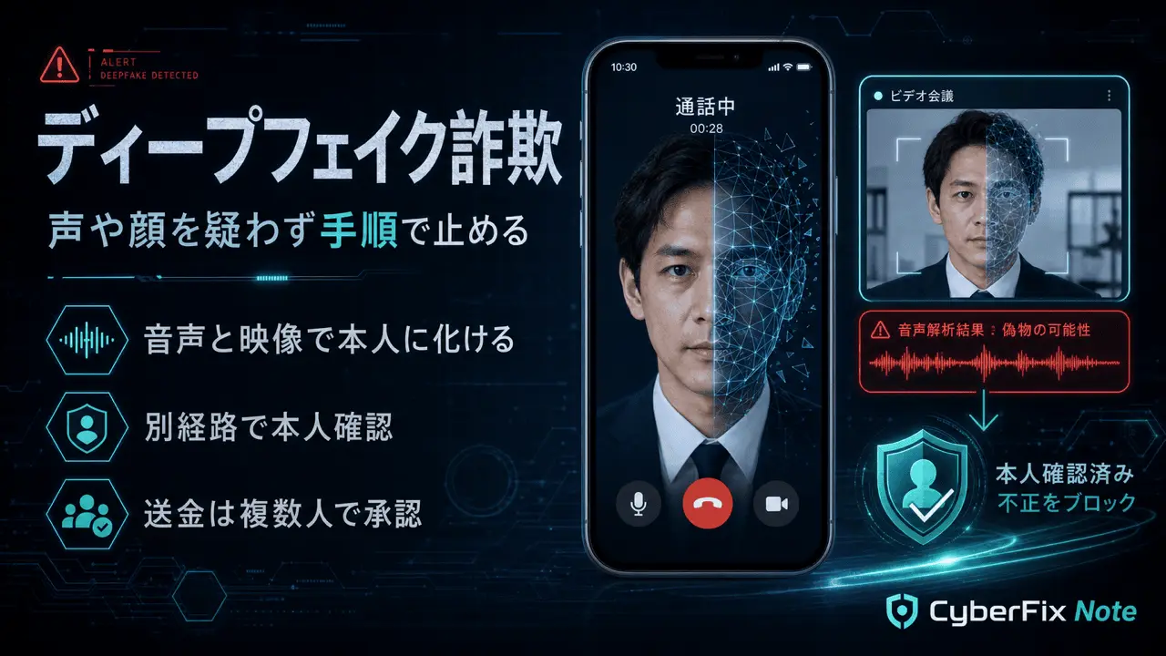 ディープフェイク音声・映像のなりすまし詐欺。声や顔を疑わずに手順で止める