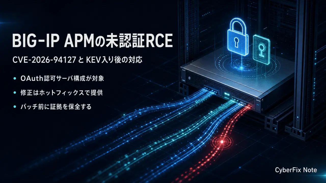 F5 BIG-IP APMのCVE-2026-94127。OAuth認可サーバを載せた仮想サーバで起きる未認証RCEとKEV入り後の対応