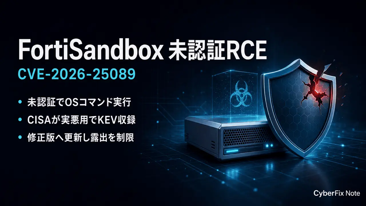 FortiSandboxの未認証OSコマンドインジェクションCVE-2026-25089。CISAが実悪用でKEV収録した検査装置の急所
