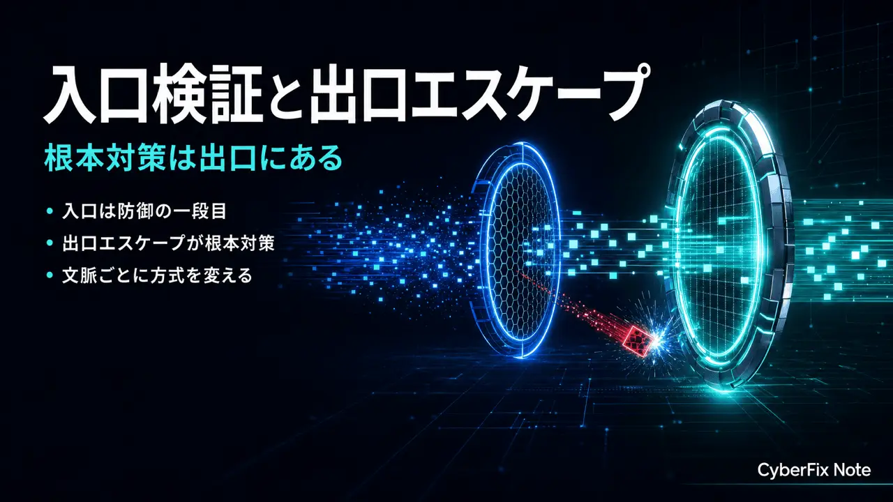 入力バリデーションと出力エスケープの原則。入口で検証し、出口で文脈別にエスケープする
