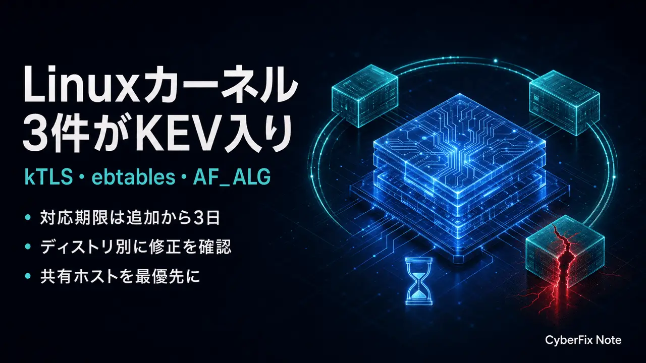 Linuxカーネルの3件がまとめてKEV入り。kTLS受信経路のCVE-2025-39682、ebtables SNATのCVE-2026-53266、AF_ALGのCVE-2025-39964と3日期限の意味