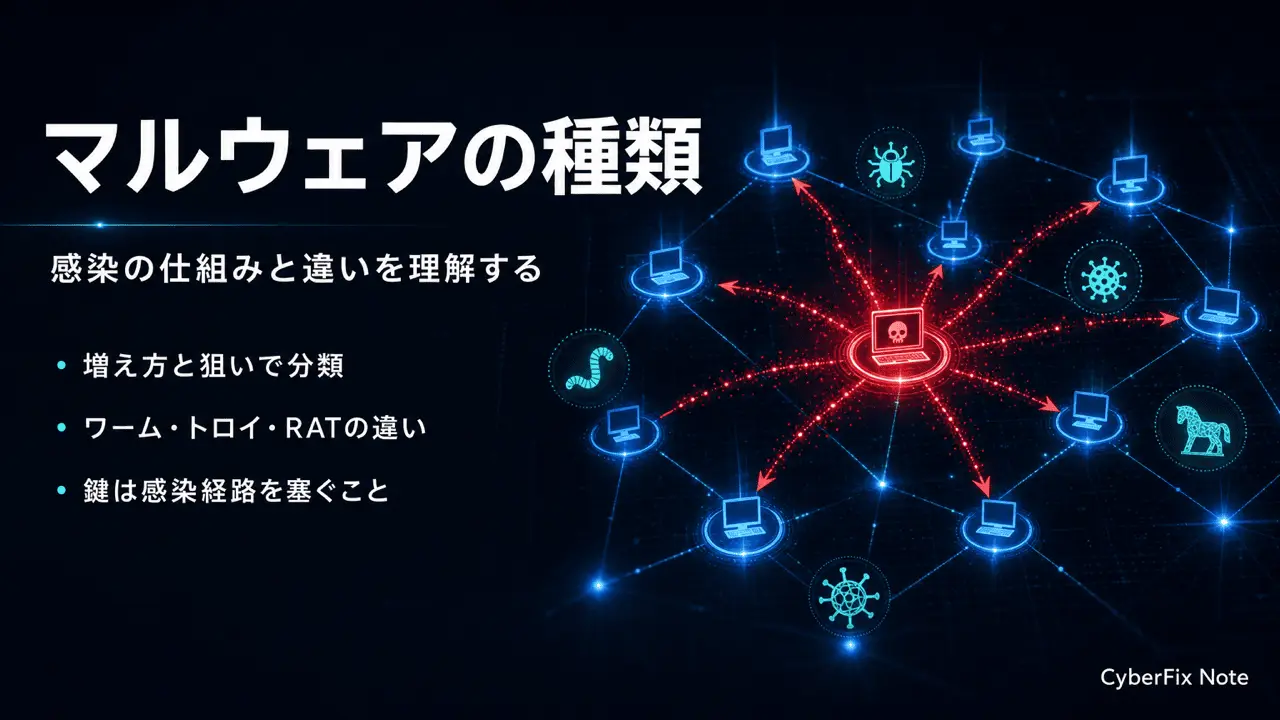 マルウェアの種類と感染の仕組みを理解する。ウイルス・ワーム・トロイ・RAT・スパイウェアの違い