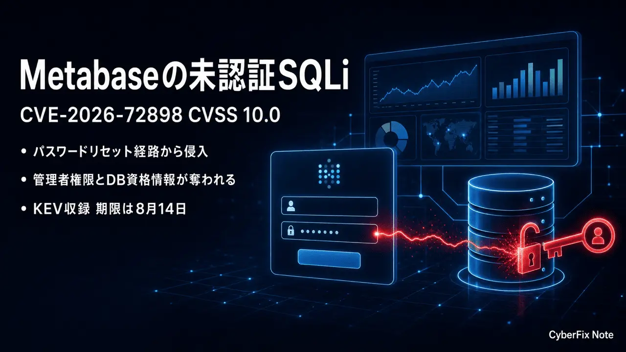 Metabaseの未認証SQLインジェクションCVE-2026-72898。パスワードリセット経路から管理者権限が奪われる機構