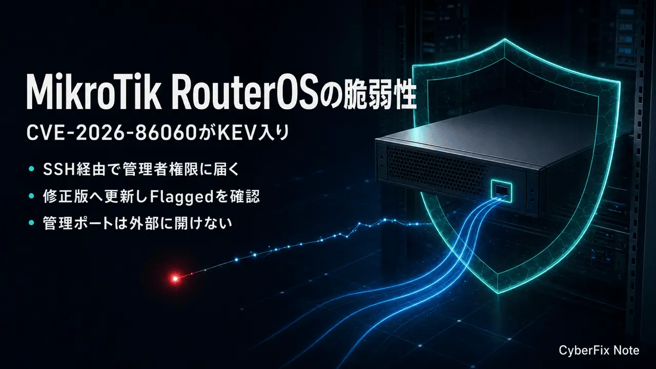 MikroTik RouterOSの脆弱性CVE-2026-86060とCVE-2026-67277。SSH経由の権限昇格がKEV入りした理由、更新と露出確認の手順