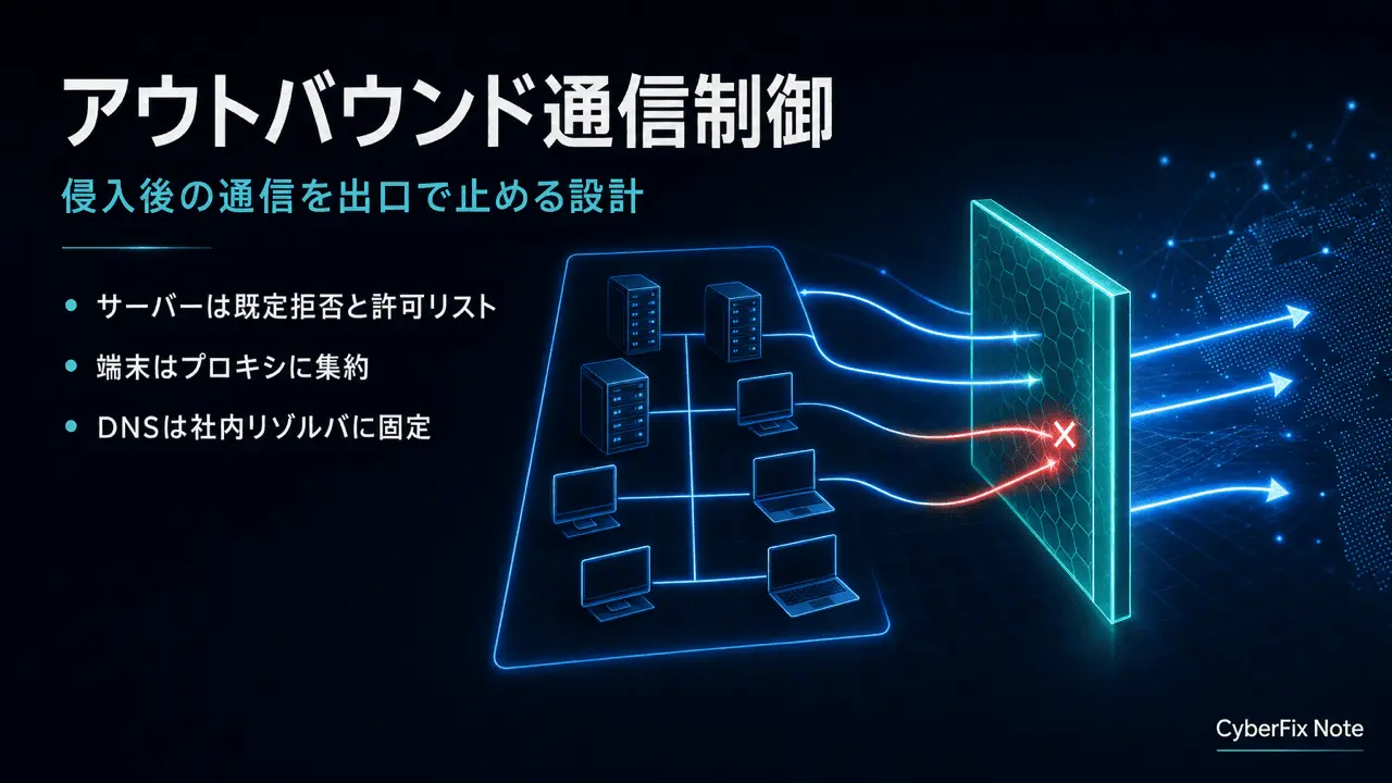 アウトバウンド通信制御(egress filtering)の設計。侵入後のC2通信と持ち出しの経路を出口で絞る