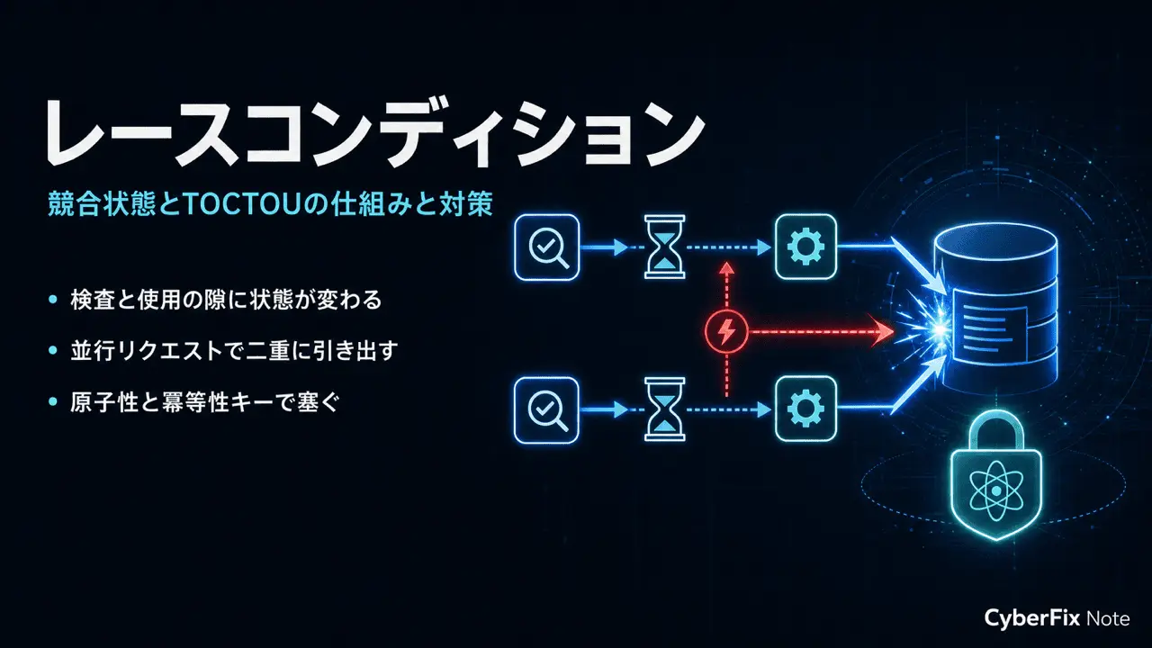 レースコンディション(競合状態)の仕組みと対策。チェックと使用の隙を原子性で塞ぐ