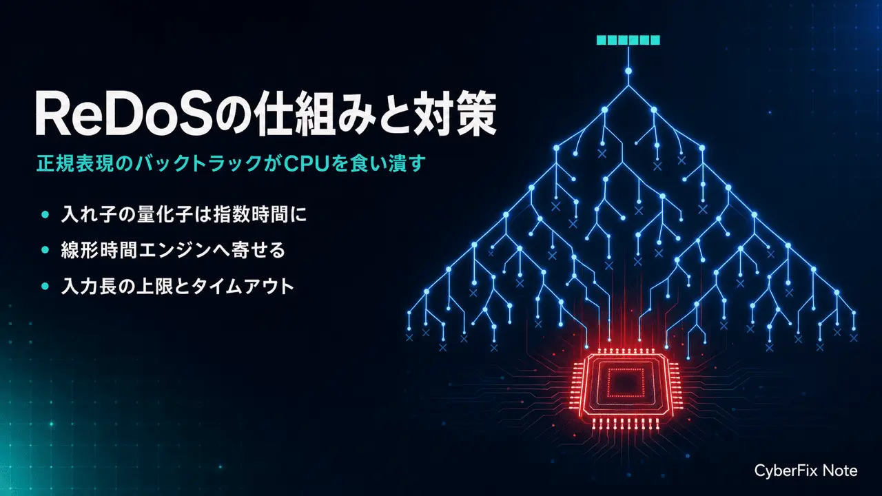 ReDoS(正規表現によるサービス拒否)の仕組みと対策。短い入力でCPUを食い潰すバックトラックを塞ぐ