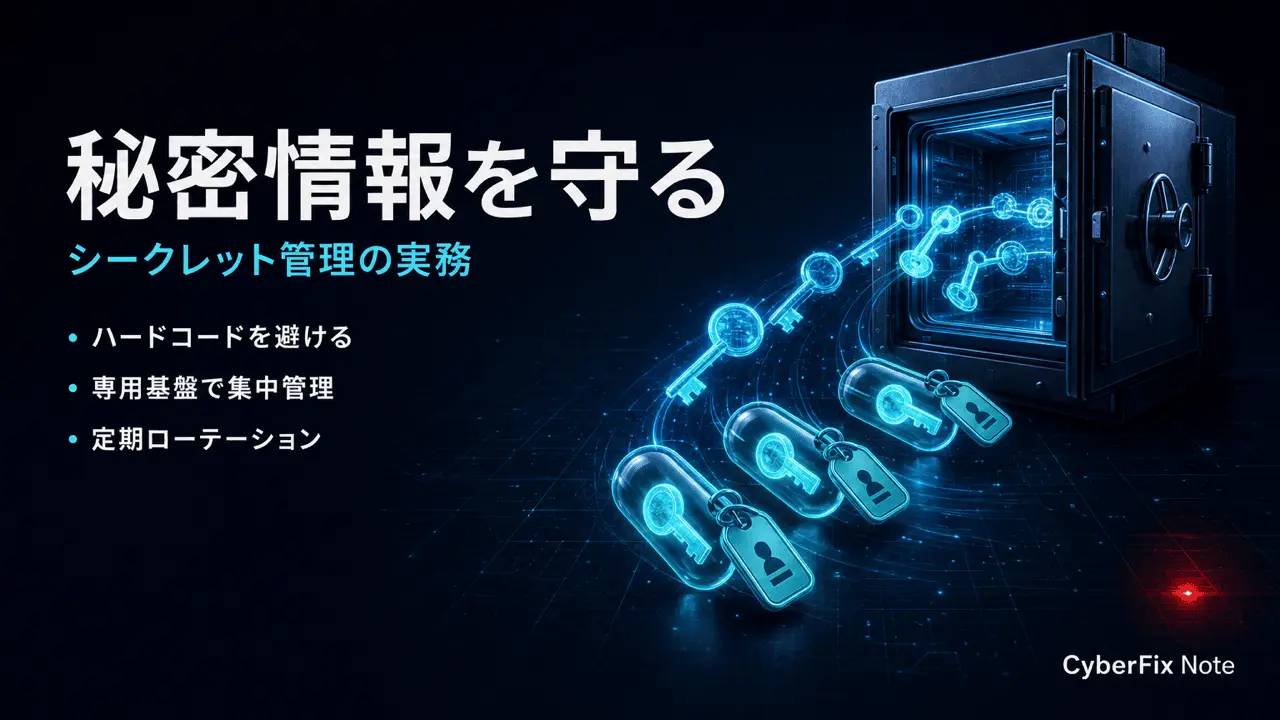 シークレット管理の実務。APIキー・認証情報をハードコードせず、Vaultやマネージドサービスで守りローテーションする