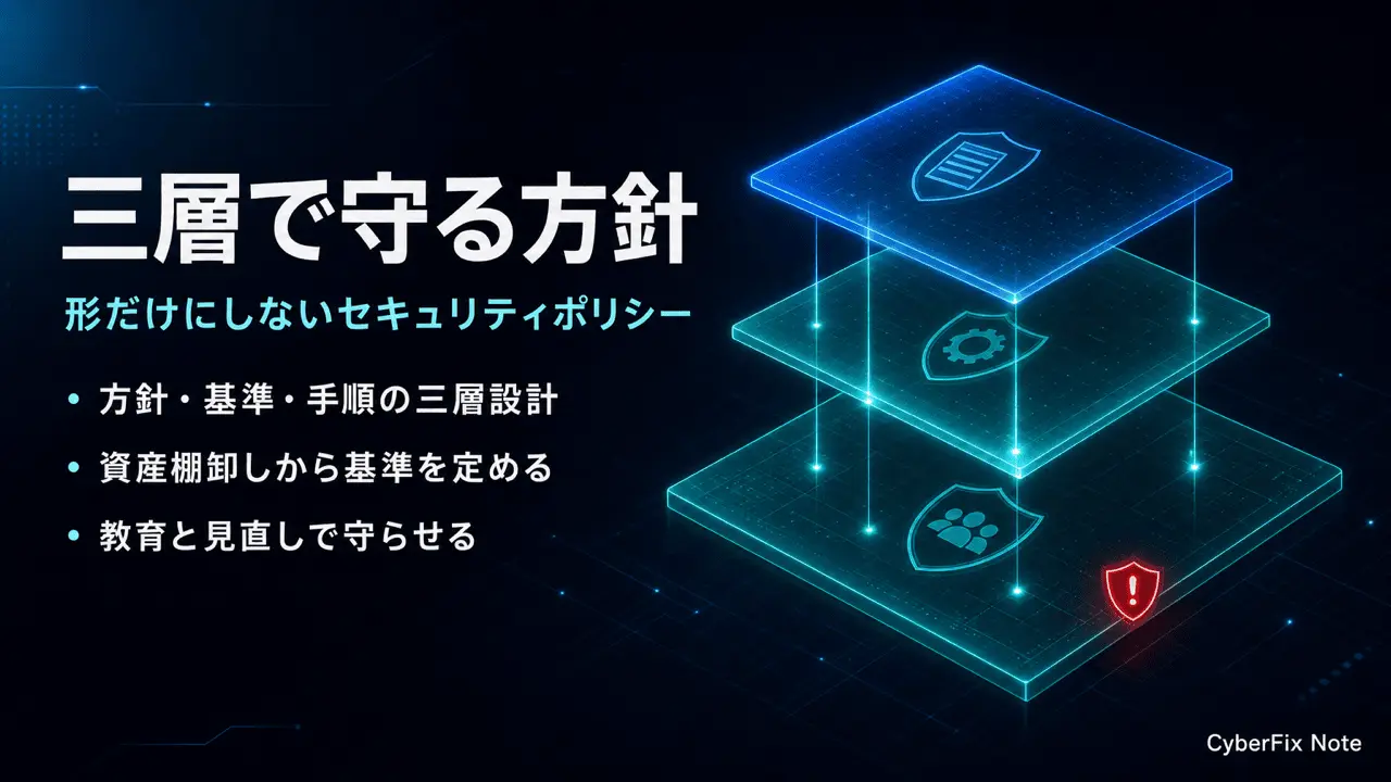 社内セキュリティポリシーの作り方。基本方針・対策基準・実施手順の三層で実効性をつくる